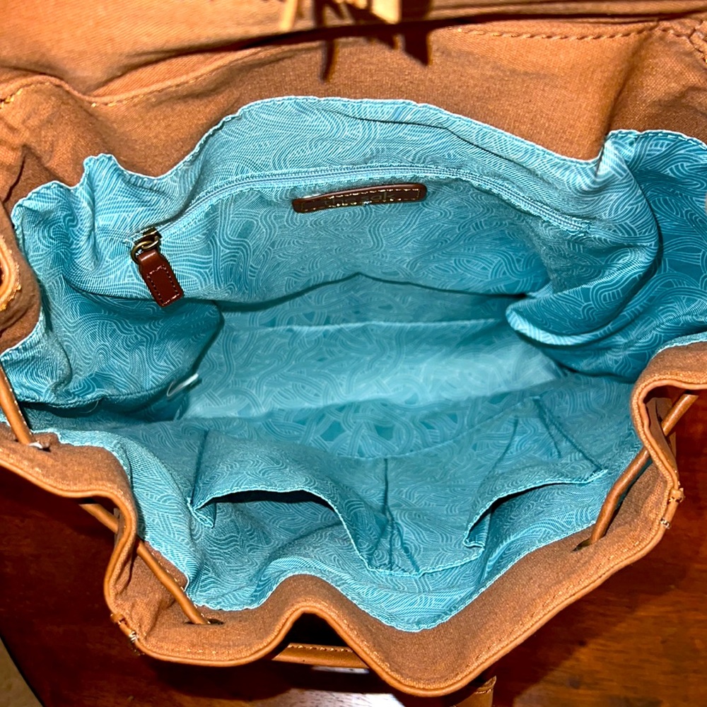 The Sak Avalon Women’s Tan Brown Leather/Cotton Patchwork Flap Backpack 15X12X6 - Picture 5 of 5